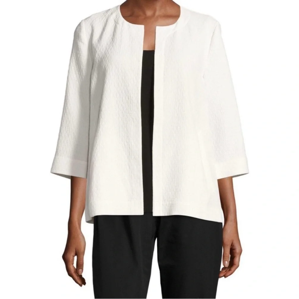 Eileen Fisher Organic Cotton Double Weave White Crinkle Jacket S Minimalist - Picture 1 of 11